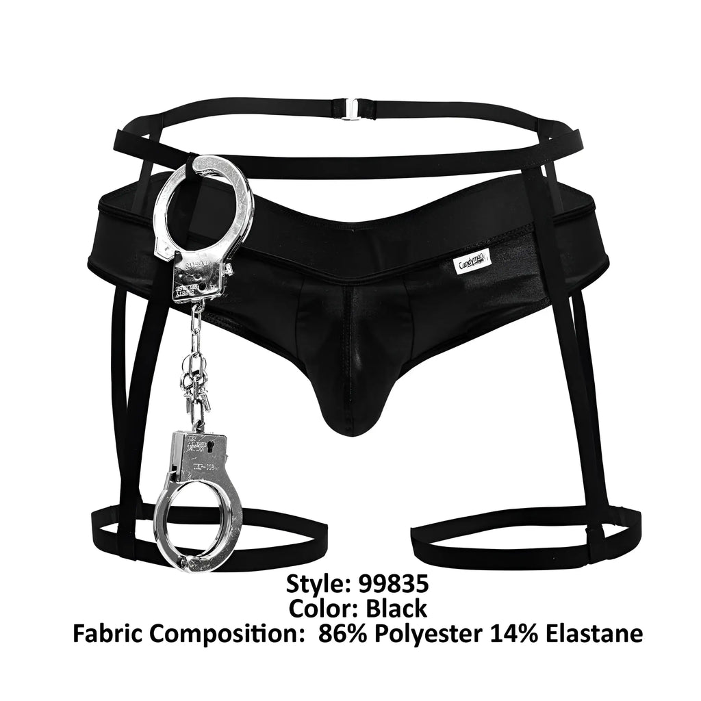 Black leather-like men’s bondage briefs with silver handcuffs front detail candyMan 99835 police outfit black