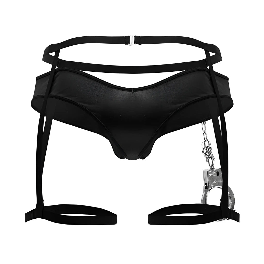 Black satin-like harness with attached silver handcuffs from candyman 99835 police outfit in black color