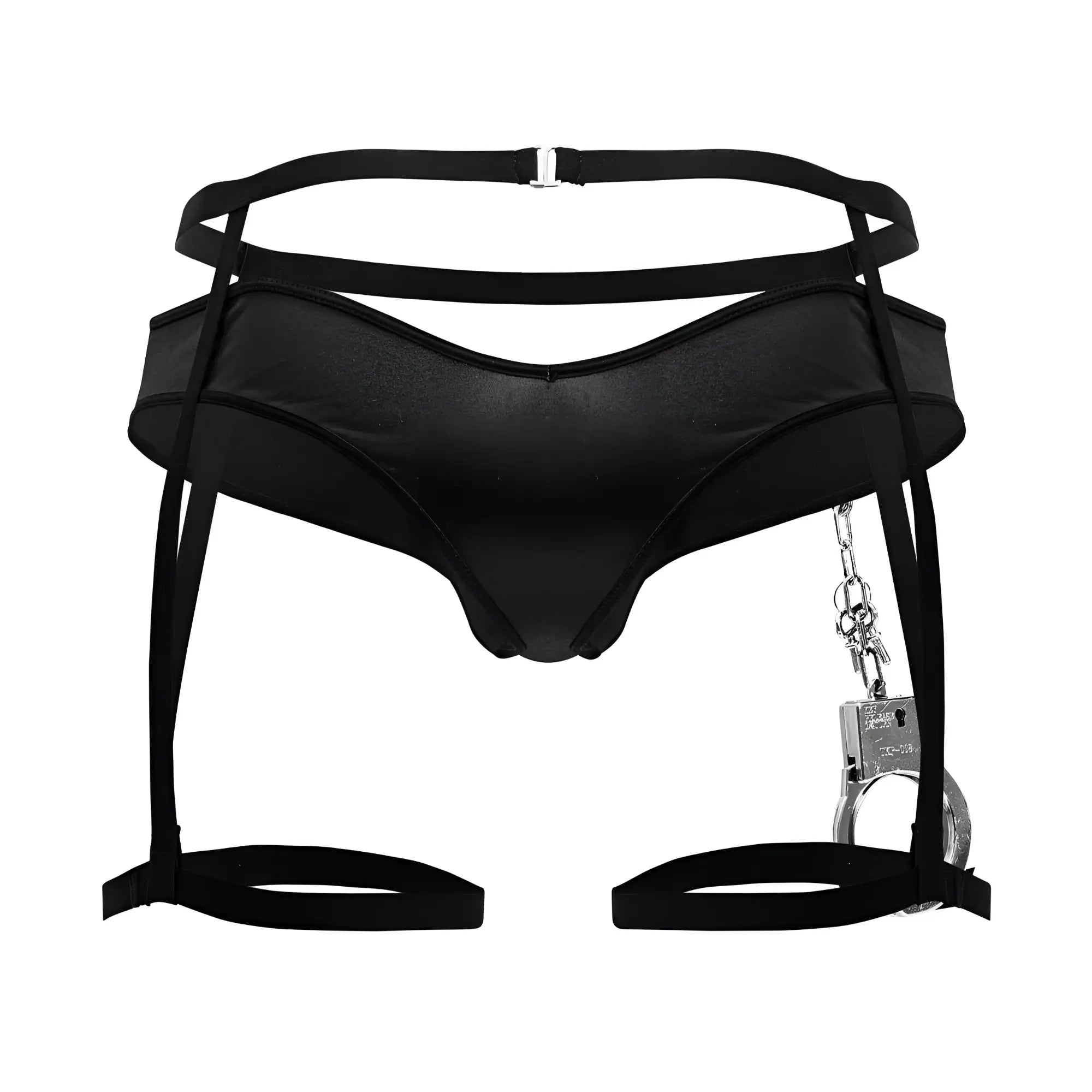 Black satin-like harness with attached silver handcuffs from candyman 99835 police outfit in black color