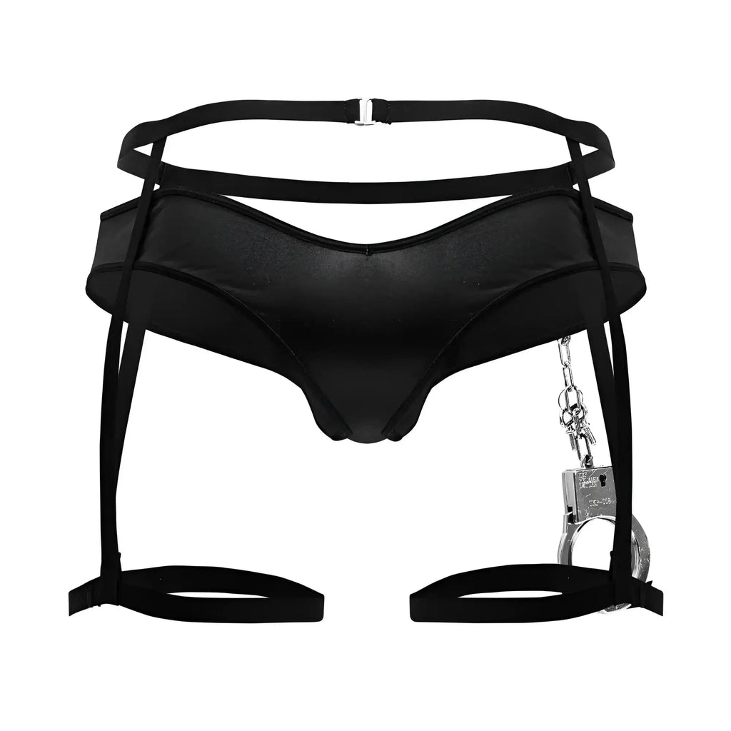 Black satin-like harness with attached silver handcuffs from candyman 99835 police outfit in black color