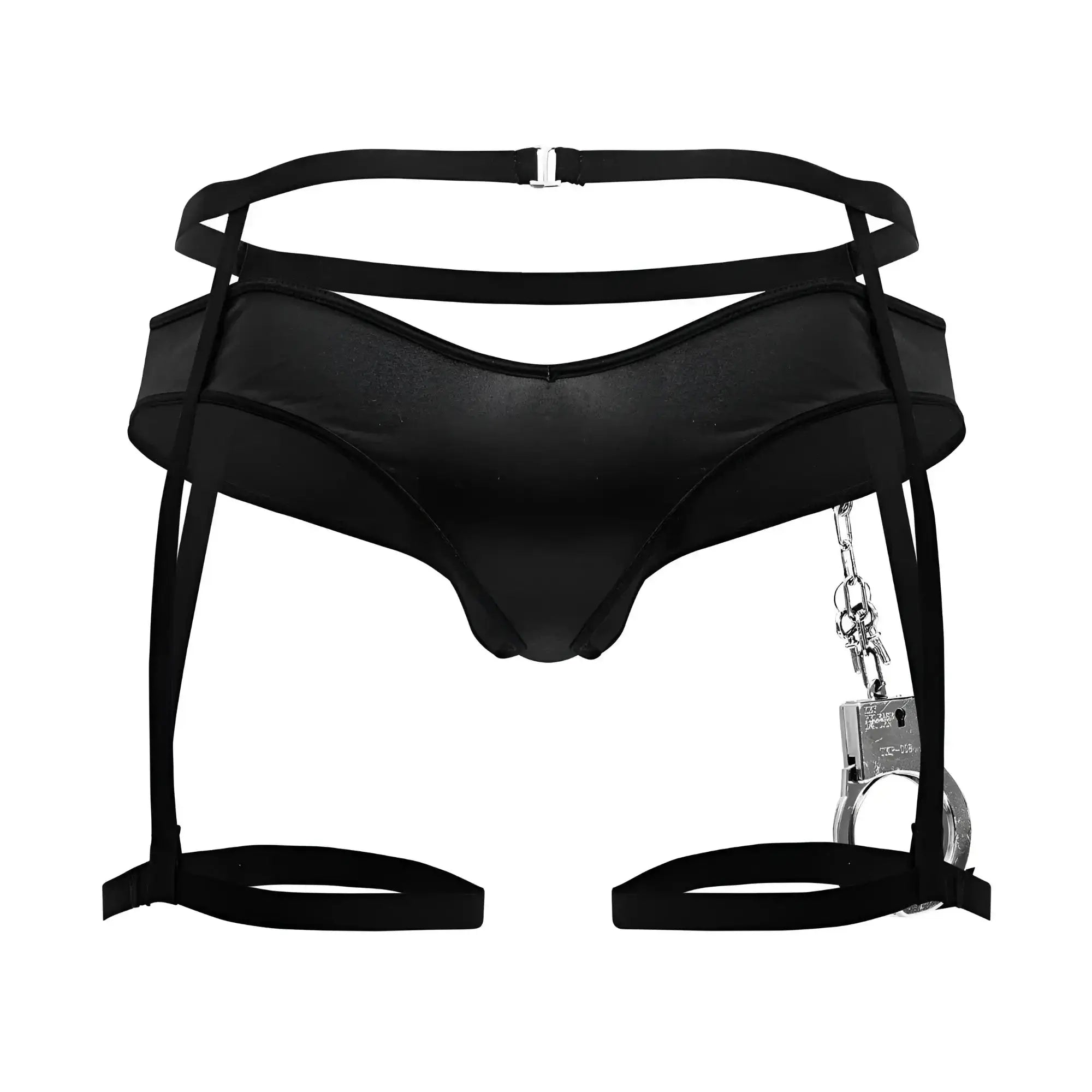 Black satin-like harness with attached silver handcuffs from candyman 99835 police outfit in black color