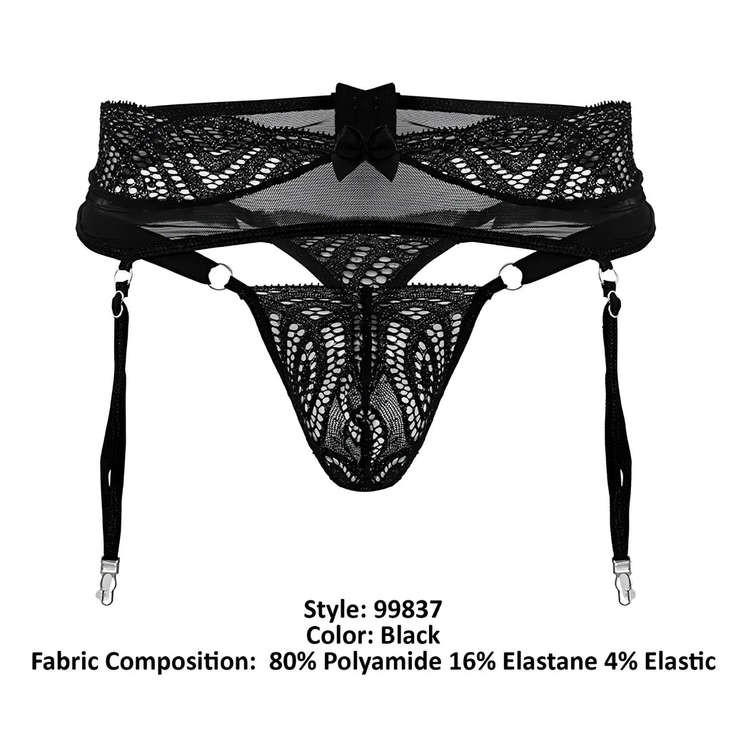 Black lace garter belt candy man 99837 with central bow and adjustable straps in black color