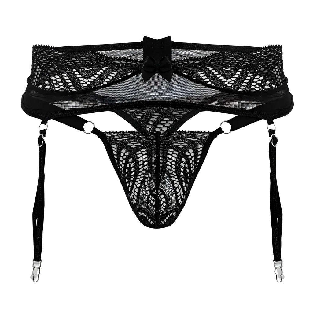 Black lace garter belt CandyMan 99837 with central bow and adjustable straps in black color for lingerie use