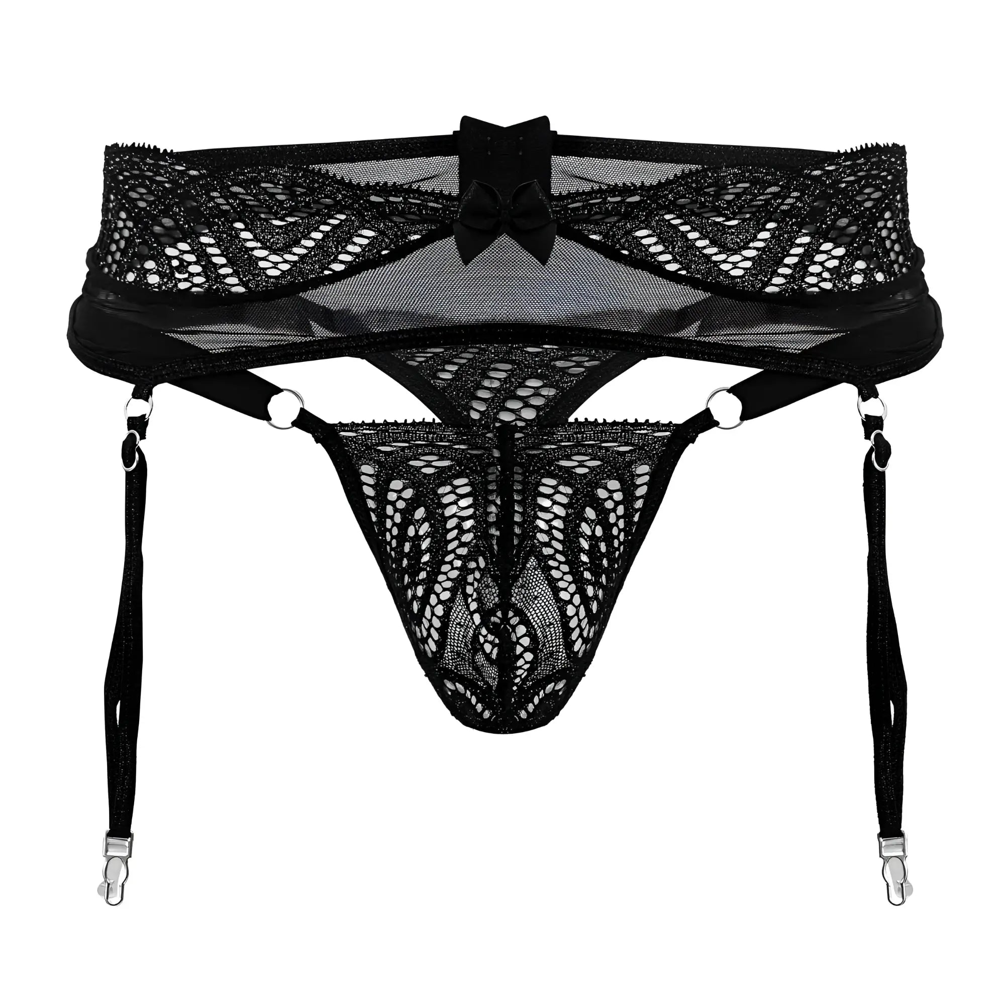 Black lace garter belt CandyMan 99837 with central bow and adjustable straps in black color for lingerie use