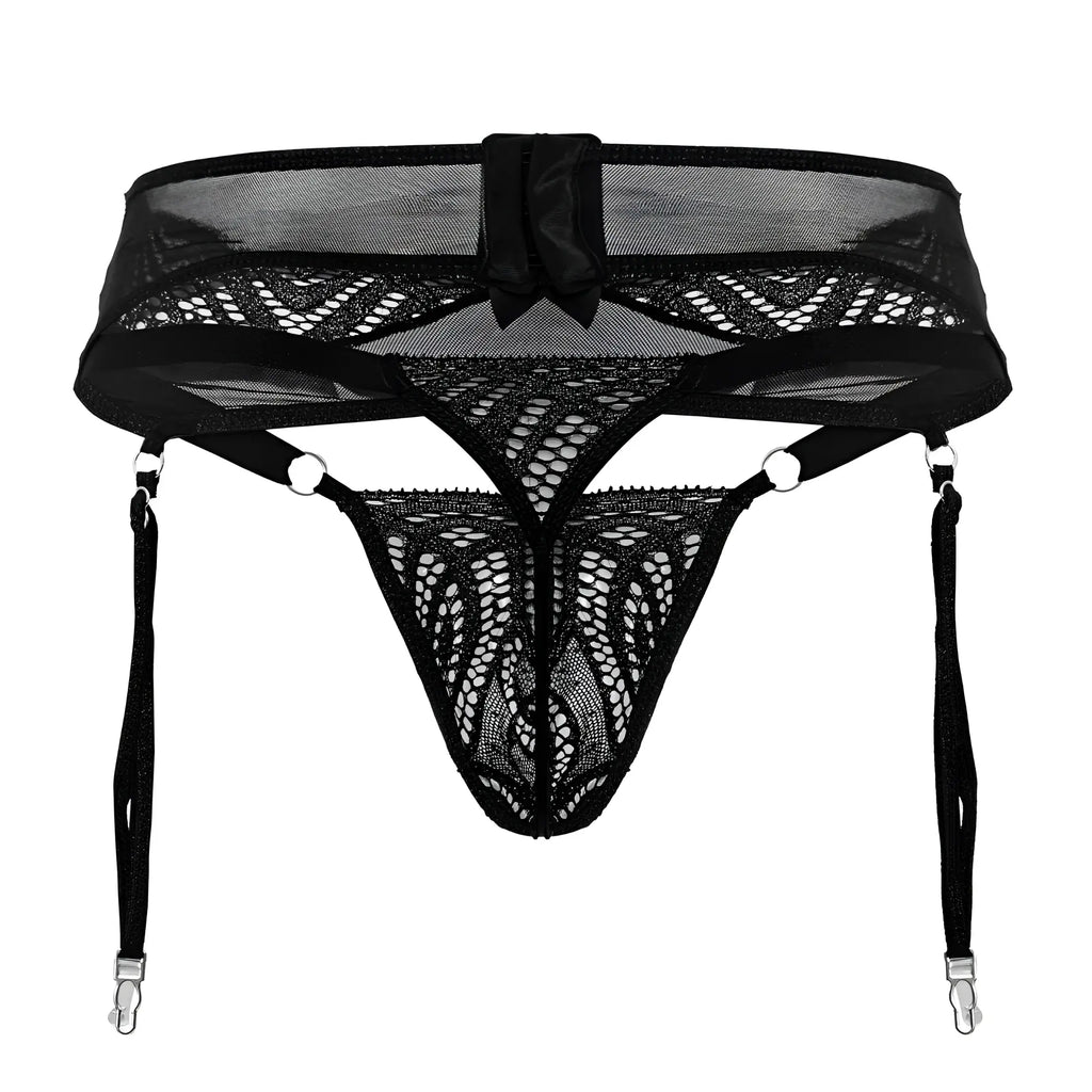 Black lace garter belt with mesh and bow detail from Candyman 99837 lace-garter outfit in black color