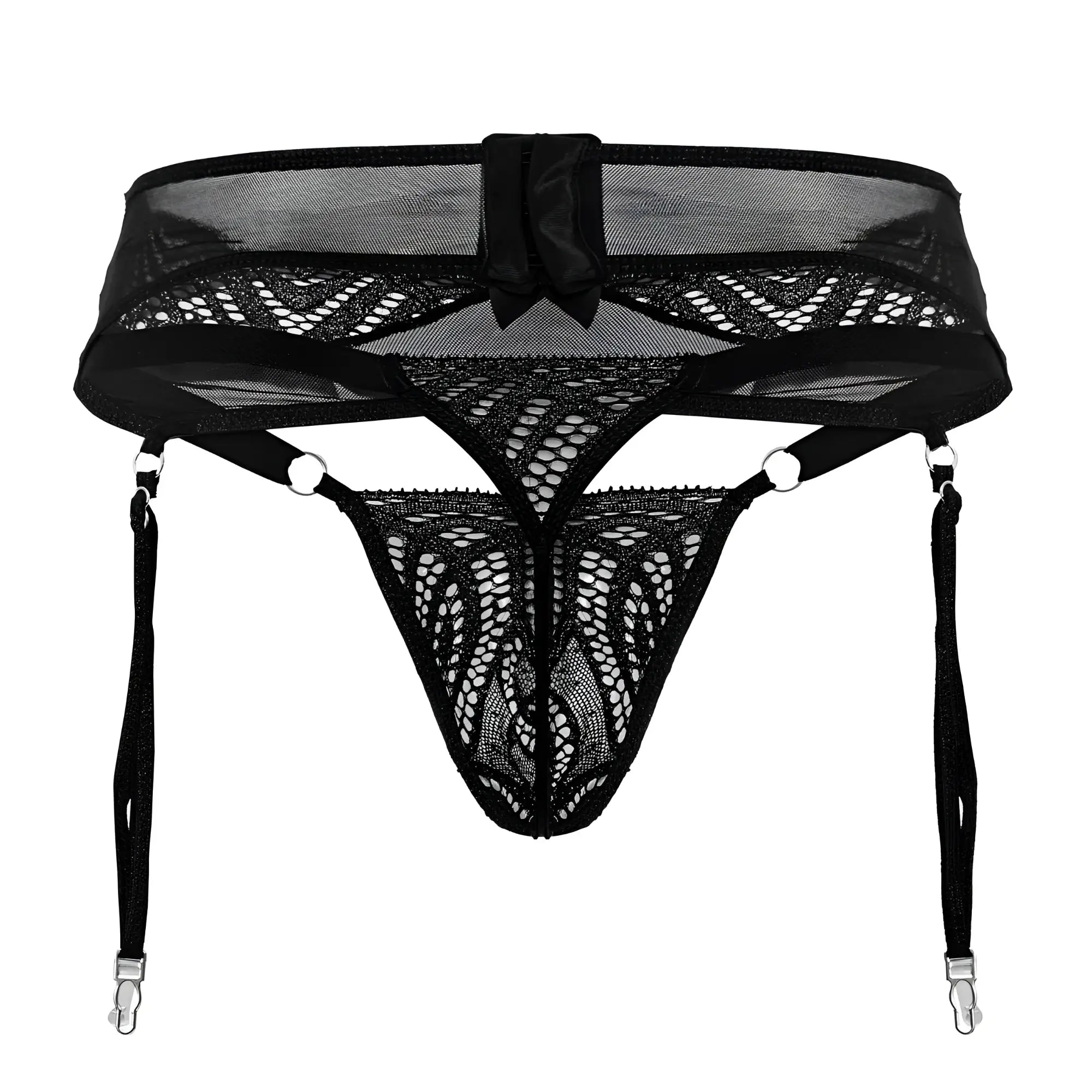 Black lace garter belt with mesh and bow detail from Candyman 99837 lace-garter outfit in black color