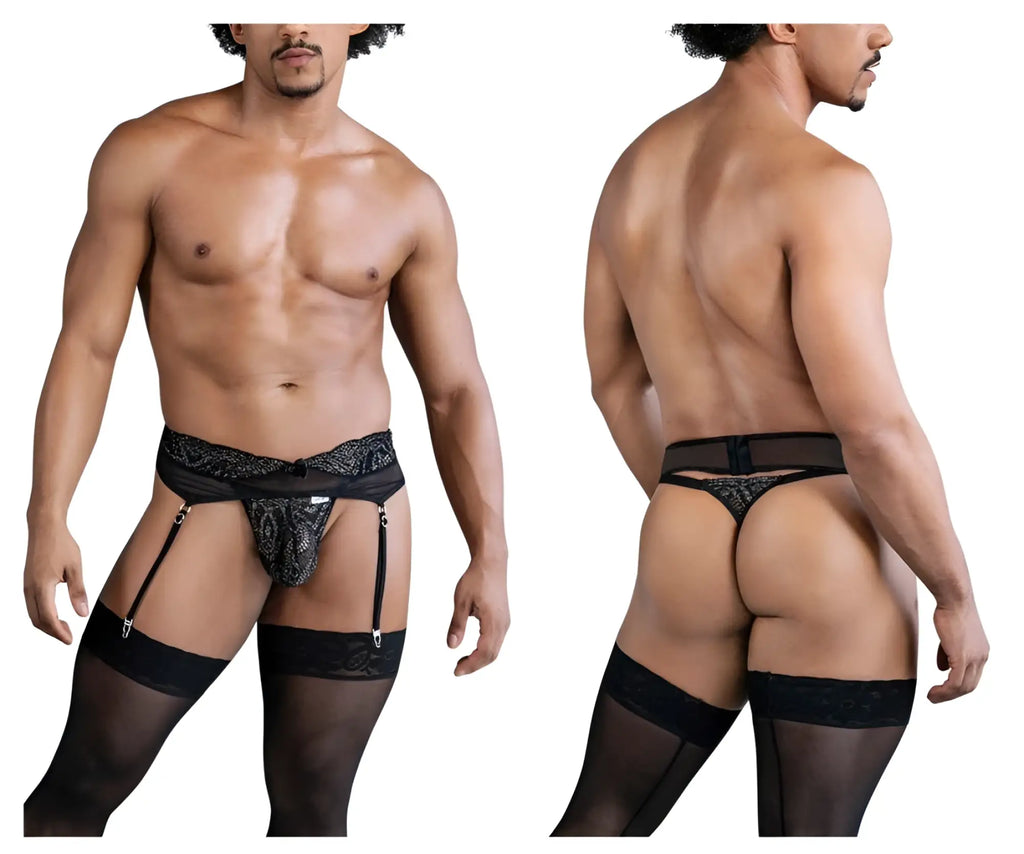 Black lace thong with matching garter belt and sheer stockings in CandyMan 99837 lace-garter outfit color black