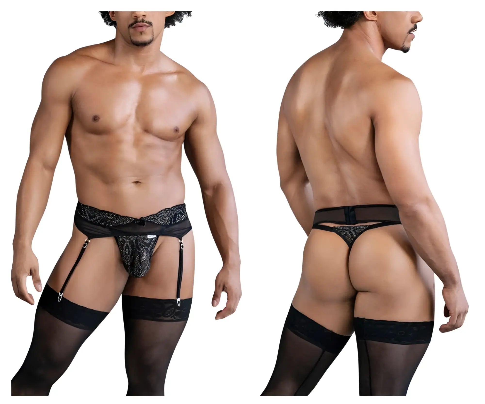 Black lace thong with matching garter belt and sheer stockings in CandyMan 99837 lace-garter outfit color black