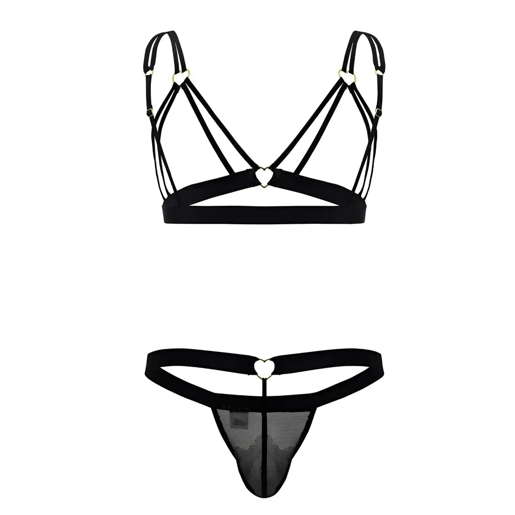 Black lace-trimmed thong with heart-shaped metal clasp and matching black bra set from candyman 99838 two piece outfit