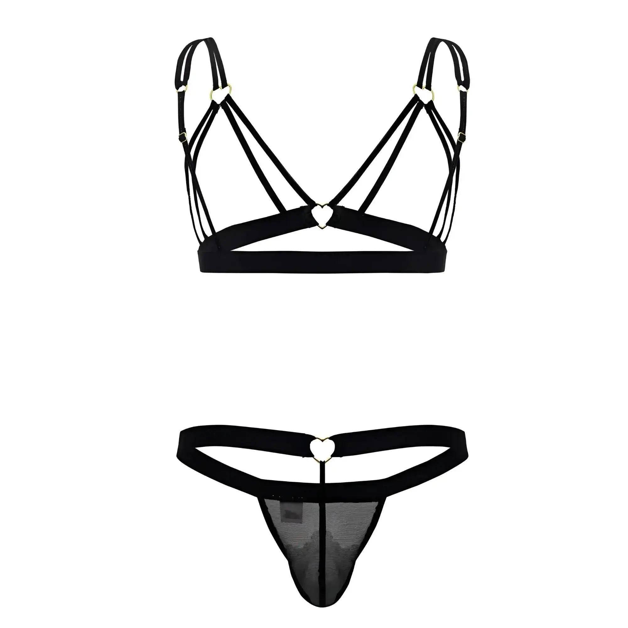 Black lace-trimmed thong with heart-shaped metal clasp and matching black bra set from candyman 99838 two piece outfit
