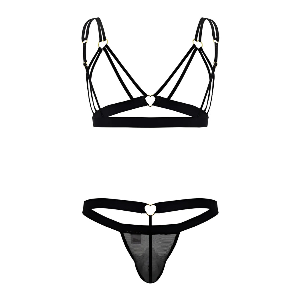 Black lace-trimmed thong with heart-shaped metal clasp and matching black bra set from candyman 99838 two piece outfit