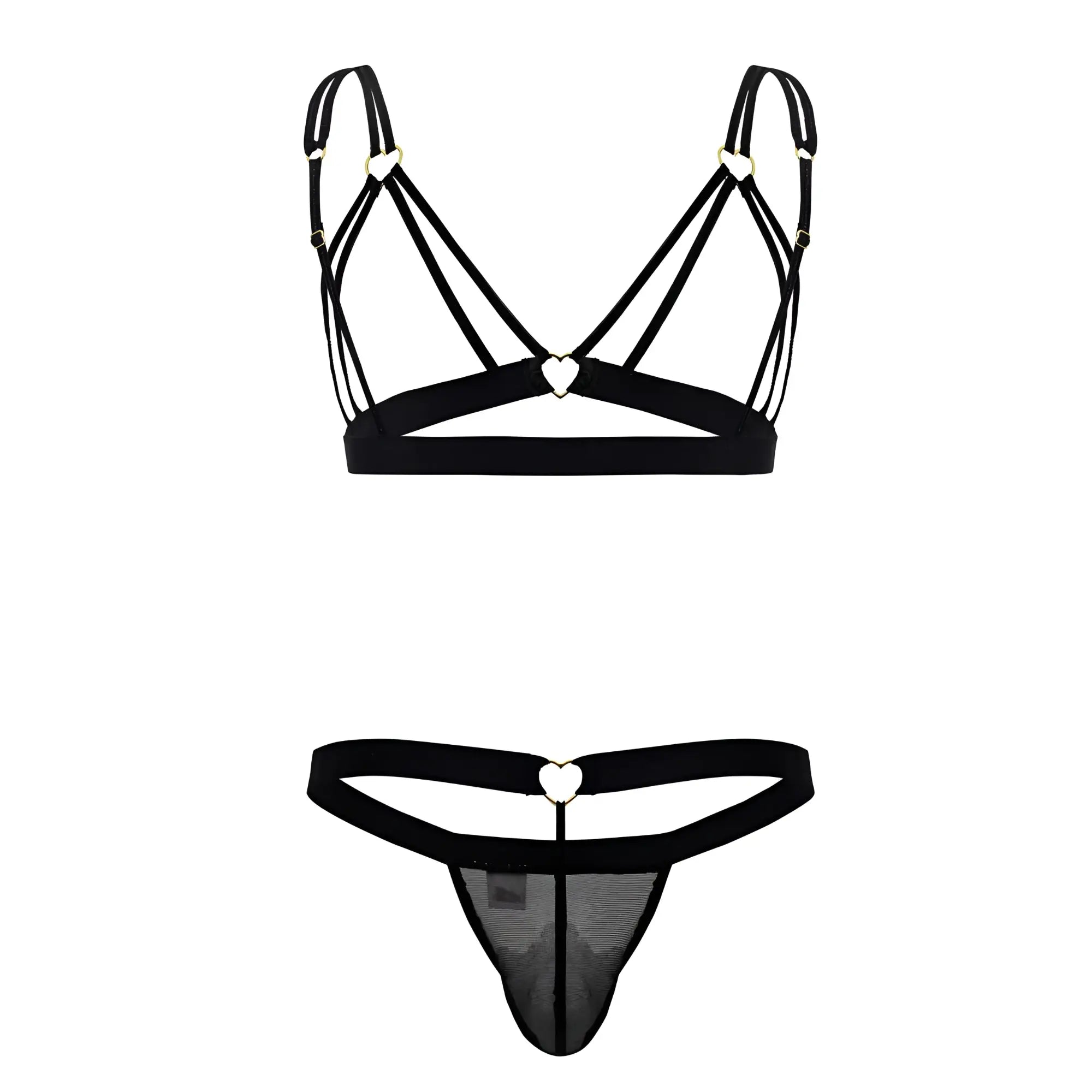 Black lace-trimmed thong with heart-shaped metal clasp and matching black bra set from candyman 99838 two piece outfit