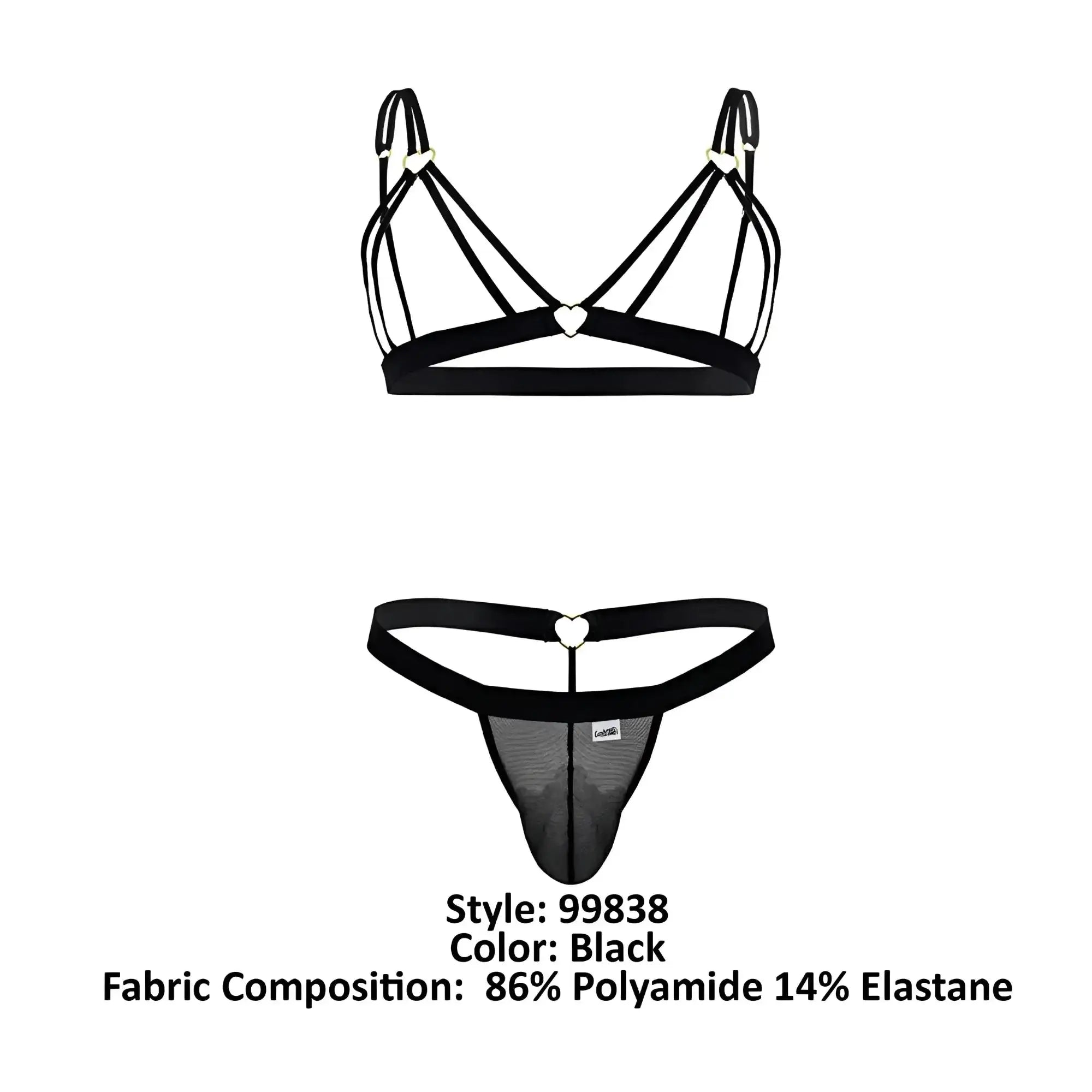 Black lace-trimmed thong with heart-shaped metal clasps and mesh panel from candyman 99838 two piece outfit