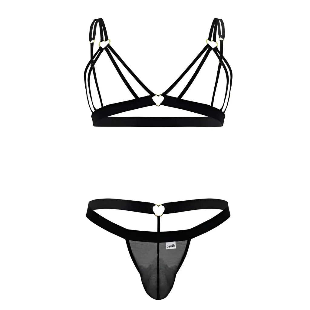 Black lace-trimmed thong with heart-shaped metal accents and mesh paneling from candyman 99838 two piece outfit