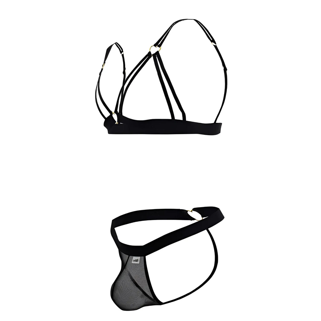 Black mesh two piece lingerie set with elastic straps and heart shaped metal clasp by candyman model 99838