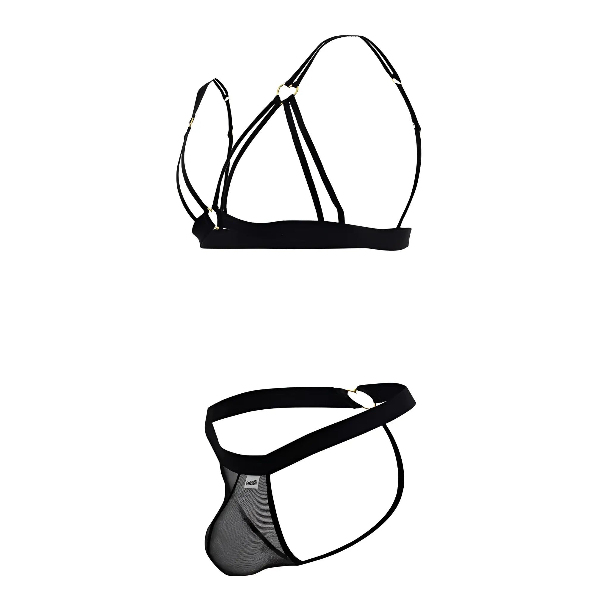 Black mesh two piece lingerie set with elastic straps and heart shaped metal clasp by candyman model 99838