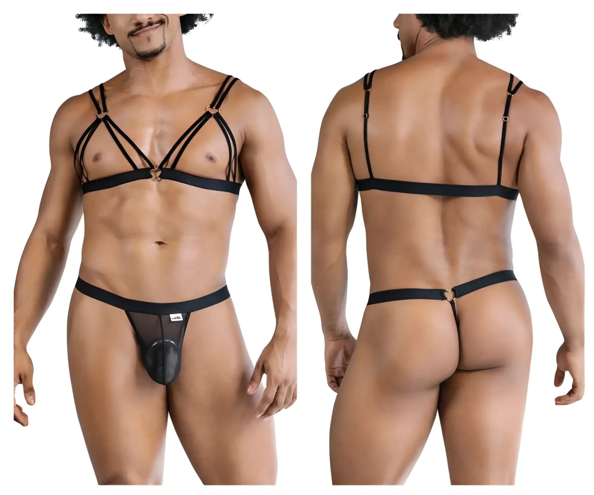 Black mesh thong from candyman 99838 two piece outfit with solid black front panel and adjustable straps