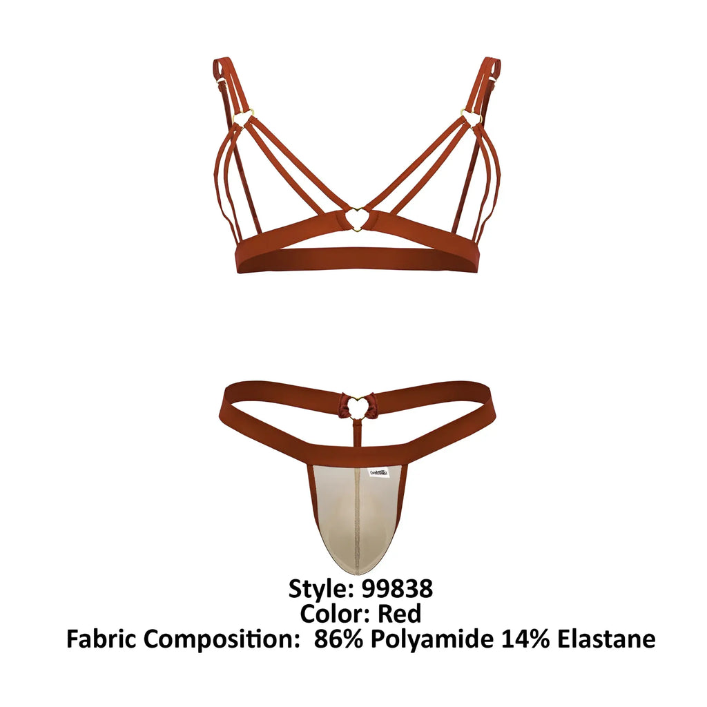 Red CandyMan 99838 two piece bra and thong set with heart shaped metal clasps in a lace fabric