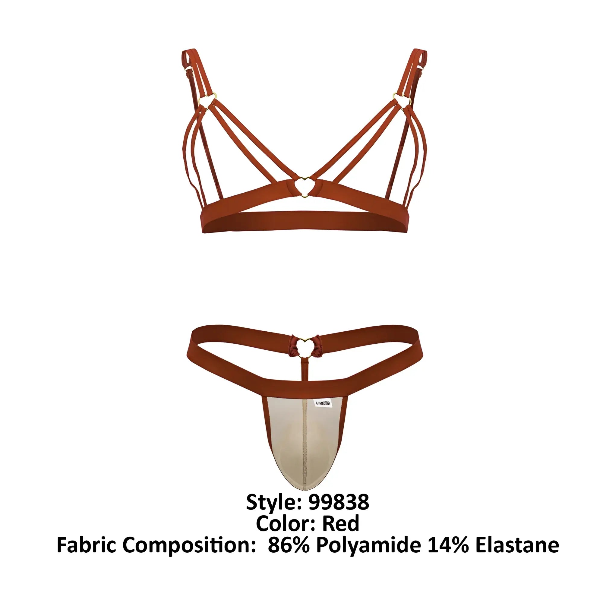 Red CandyMan 99838 two piece bra and thong set with heart shaped metal clasps in a lace fabric