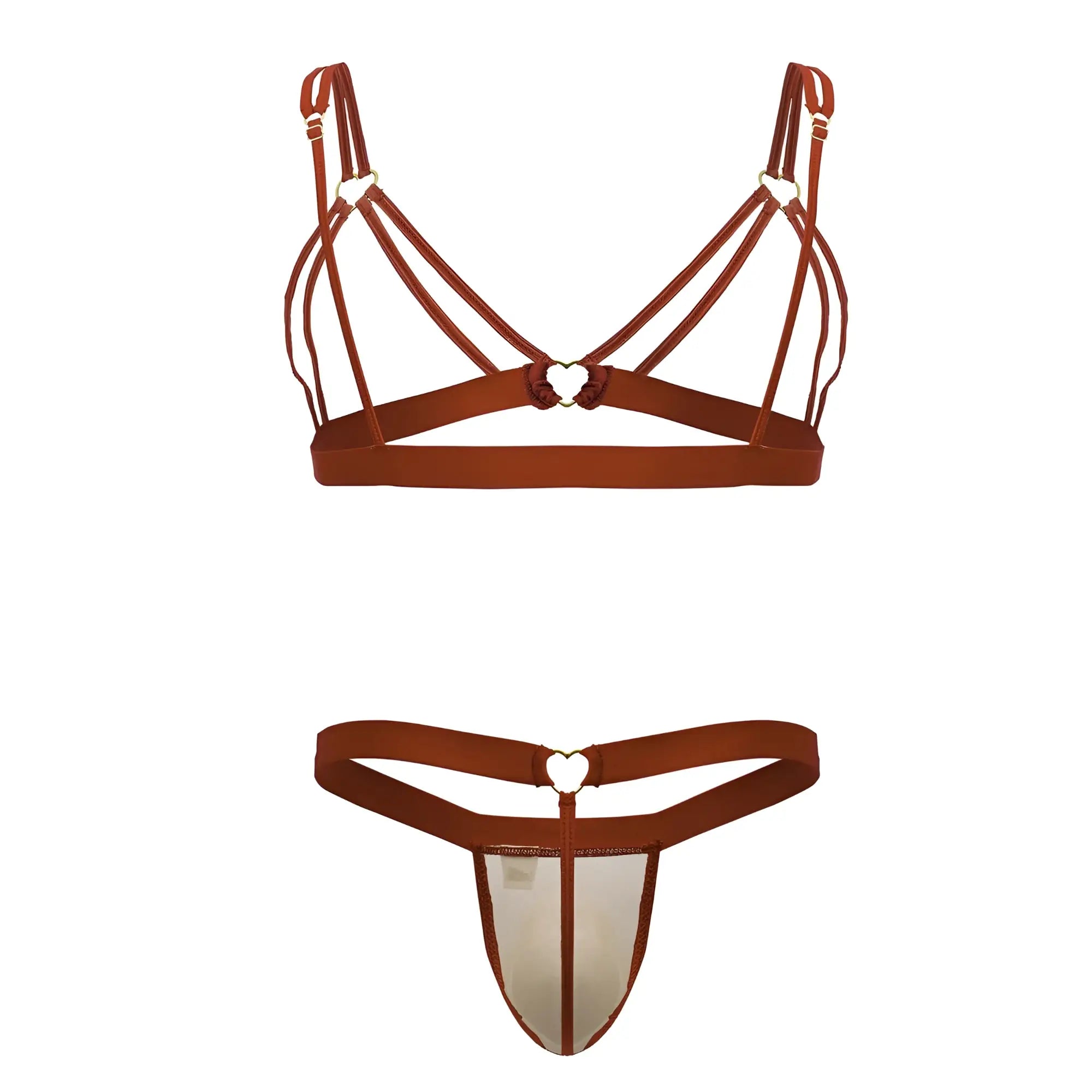 Brown leather-like bra and thong set with heart-shaped metal clasps candyMan 99838 two piece outfit red