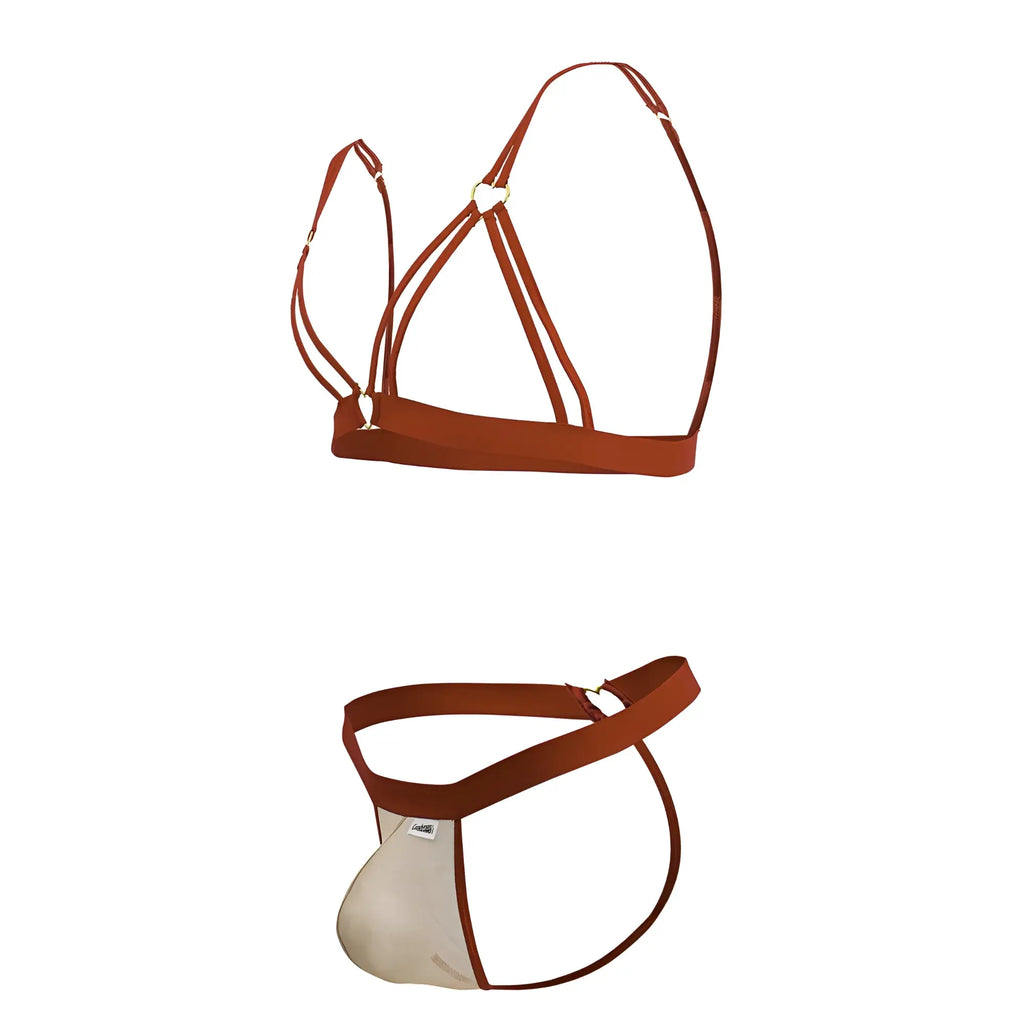 Rust-colored CandyMan 99838 two piece bra and thong set with thin straps and a supportive, form-fitting silhouette