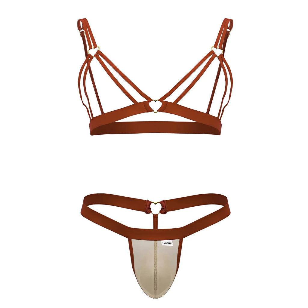 Rust-colored strappy bra and thong two piece outfit with heart-shaped metal accents by candyman 99838 red