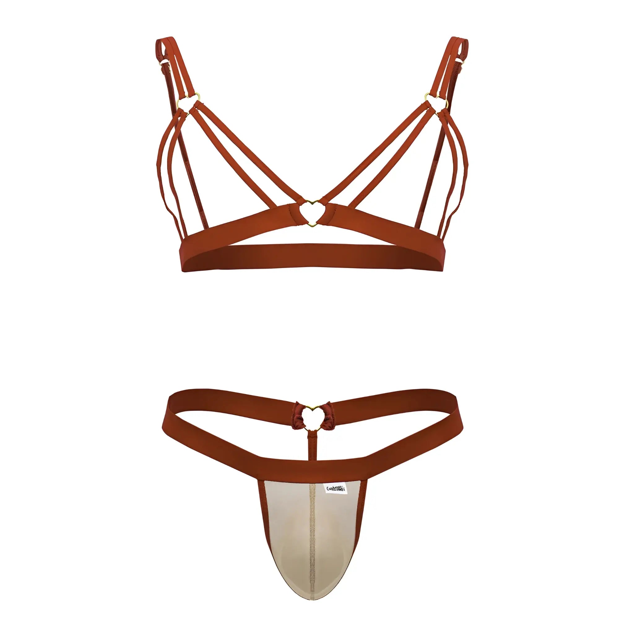 Rust-colored strappy bra and thong two piece outfit with heart-shaped metal accents by candyman 99838 red