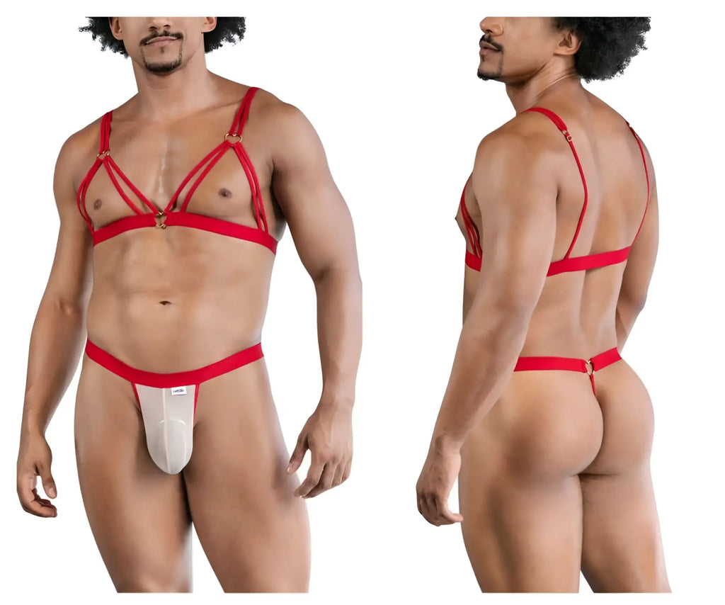 Red strappy harness-style thong with a white sheer front panel from candyman 99838 two piece outfit in red