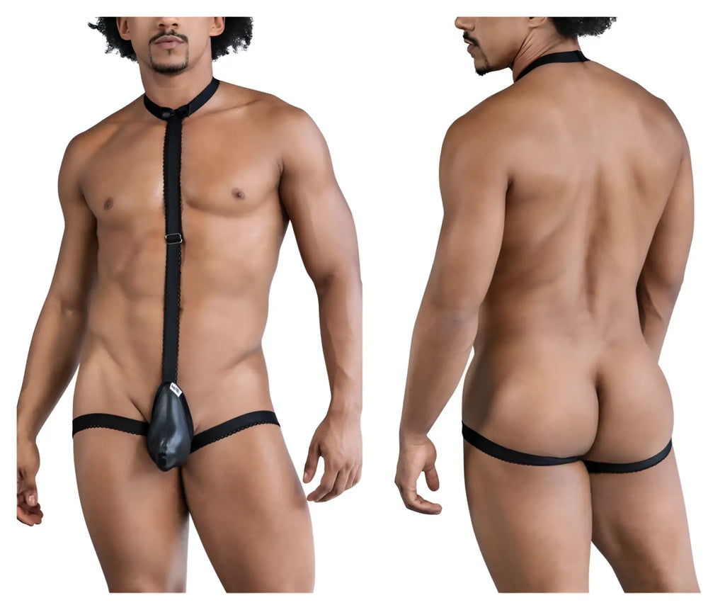 Candyman 99839 black tie thongs in black featuring a black leather-like harness with central pouch and adjustable straps