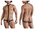 Candyman 99839 black tie thongs in black featuring a black leather-like harness with central pouch and adjustable straps