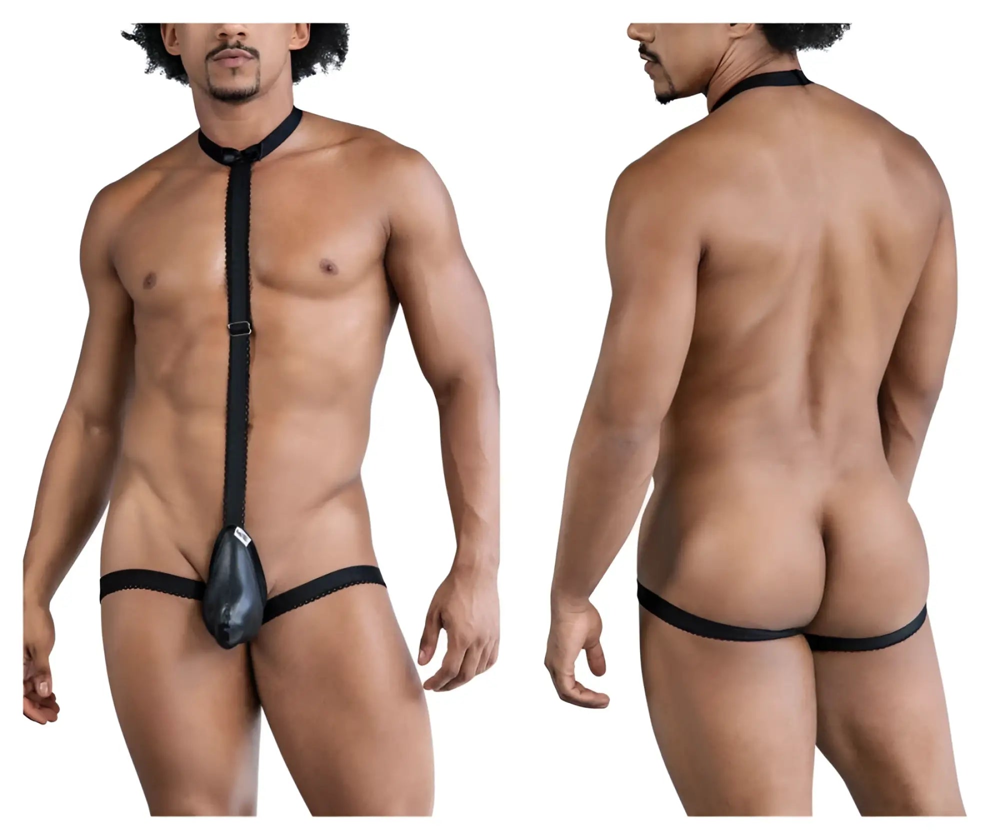 Candyman 99839 black tie thongs in black featuring a black leather-like harness with central pouch and adjustable straps