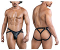 Black leather-like harness-style briefs with central pouch and crisscross straps candy man 99840 in black