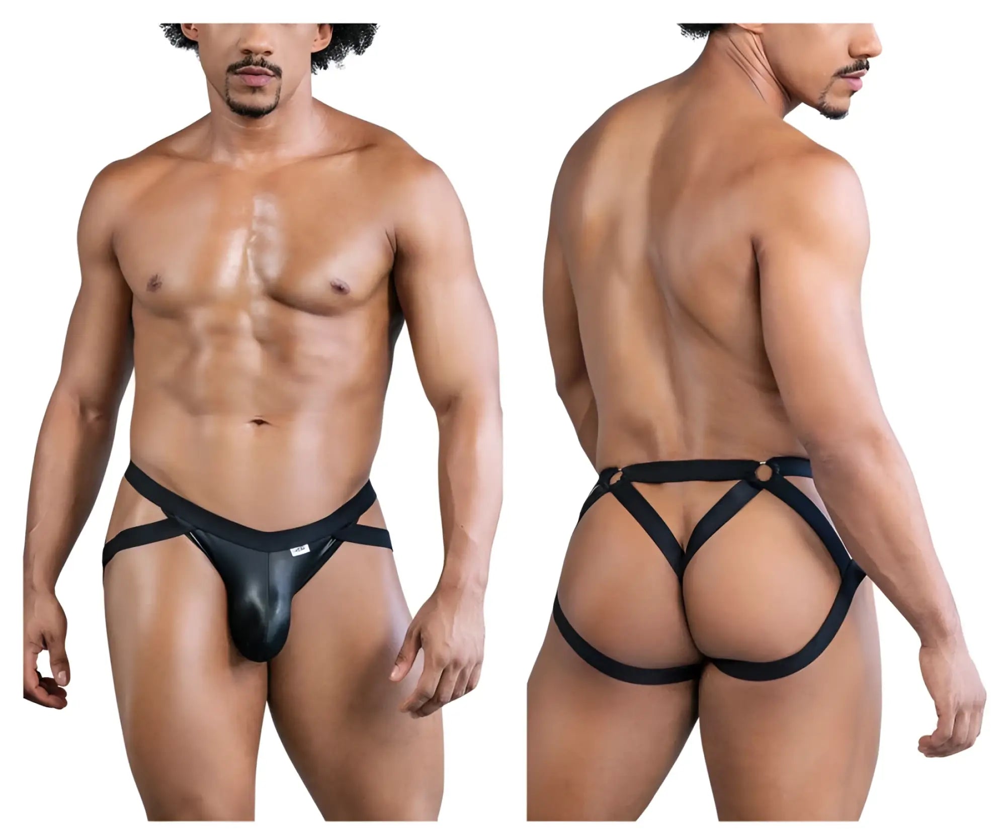 Black leather-like harness-style briefs with central pouch and crisscross straps candy man 99840 in black