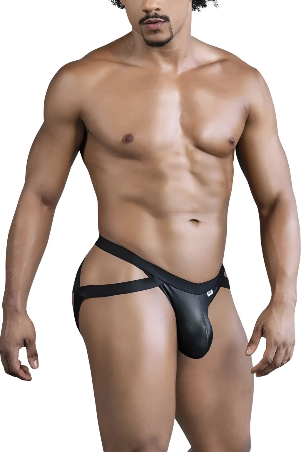 Black leather-like CandyMan 99840 crisscross thong with sleek form-fitting design and small brand tag on waistband