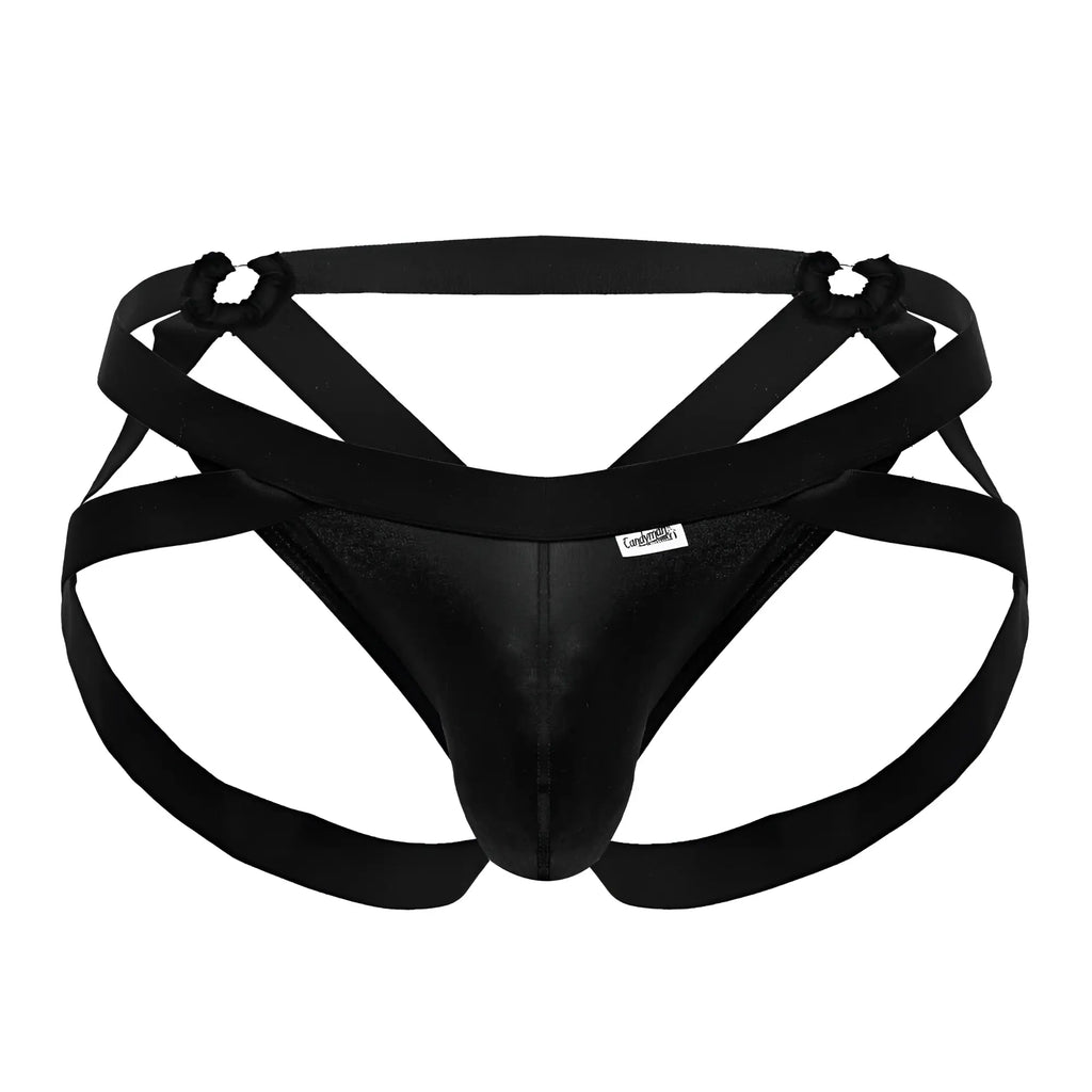 Black satin candyMan 99840 crisscross thongs with elastic straps and branded tag showing front side details