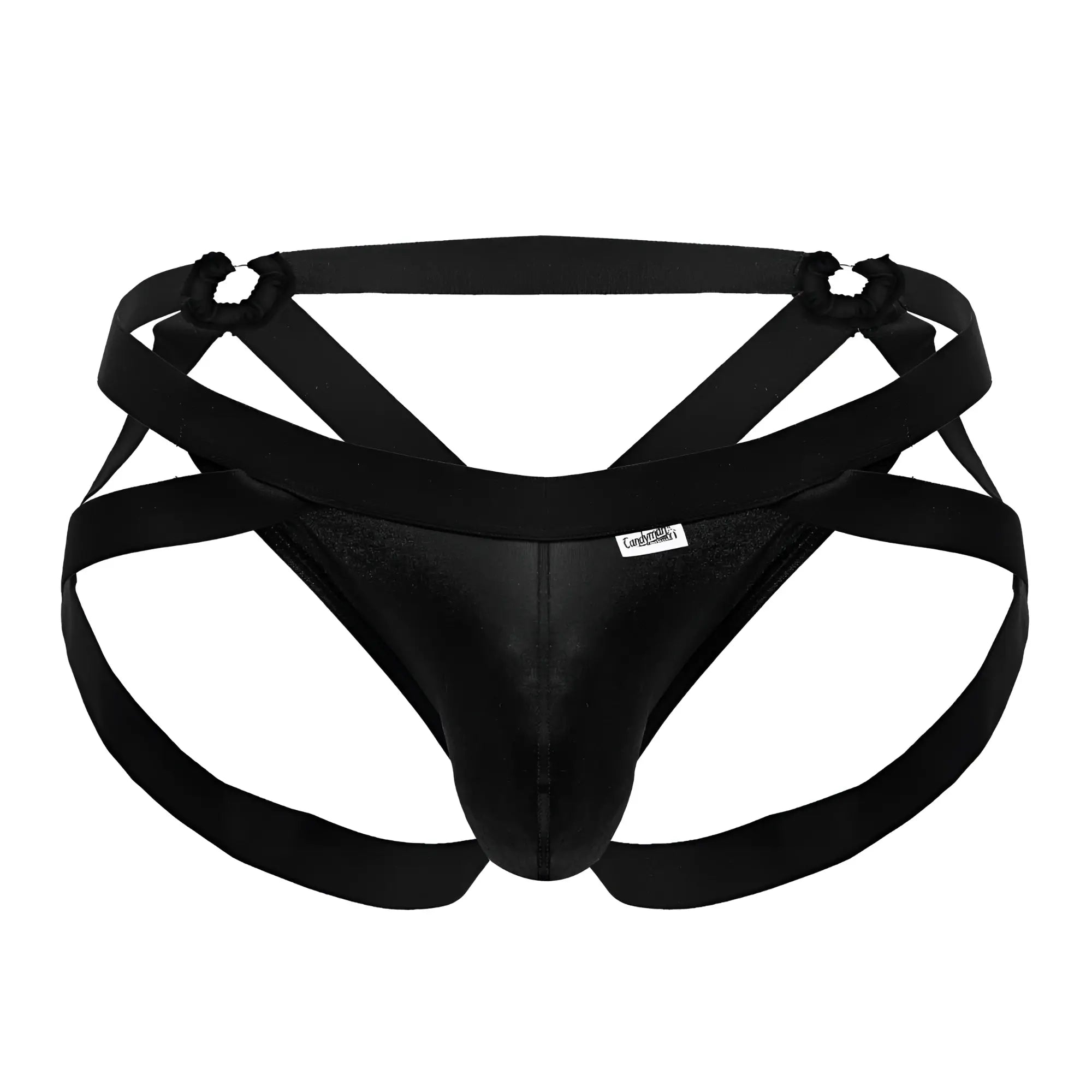 Black satin candyMan 99840 crisscross thongs with elastic straps and branded tag showing front side details