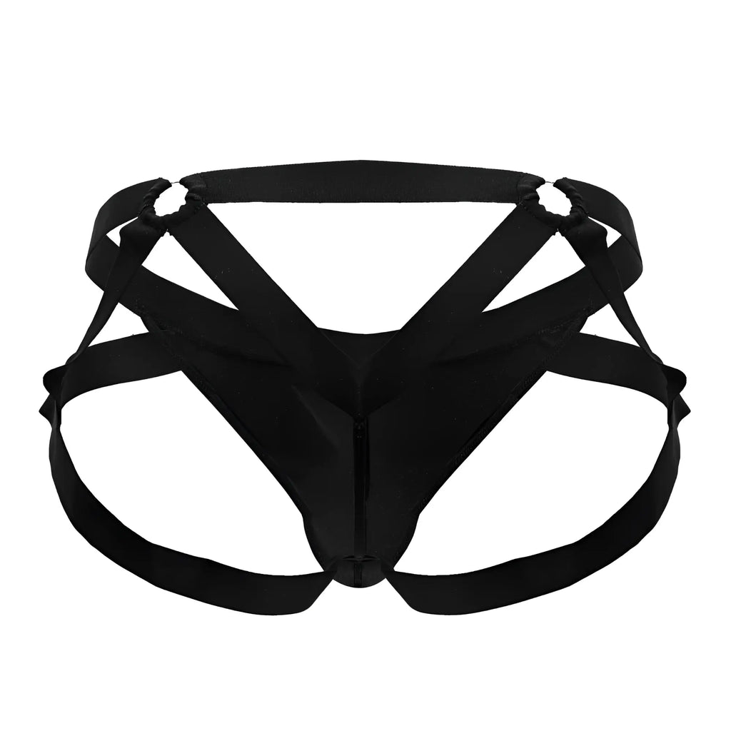 Black satin-like fabric harness-style briefs with central zipper and adjustable straps candyMan 99840 crisscross thongs