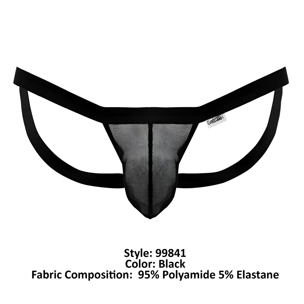 Black mesh thong candyMan 99841 with solid black elastic waistband and leg straps shown from the back side