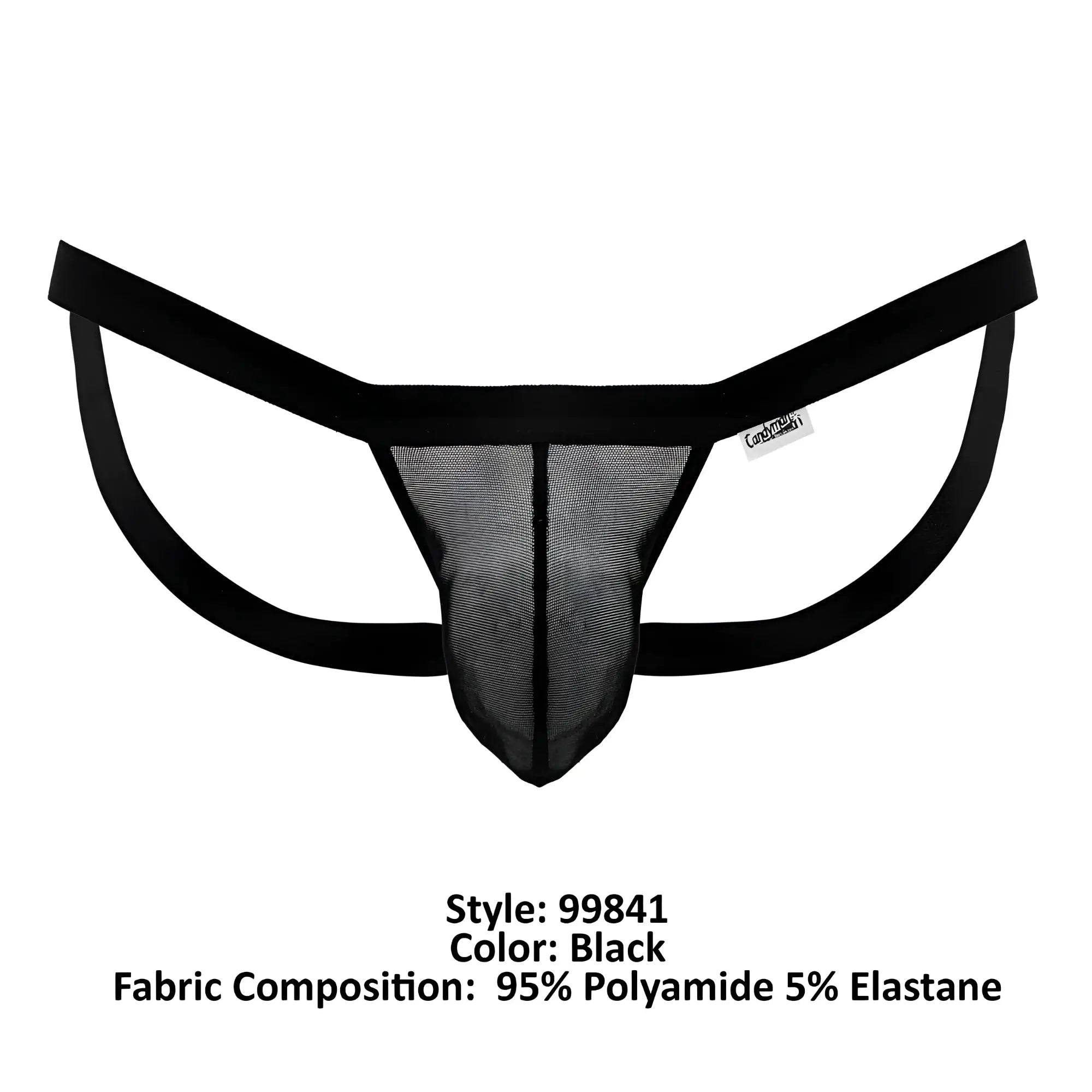 Black mesh thong candyMan 99841 with solid black elastic waistband and leg straps shown from the back side