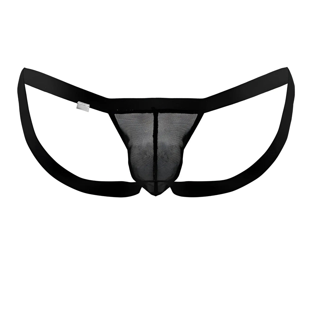 Black mesh thong with solid black waistband and leg openings from candyman 99841 collection front view