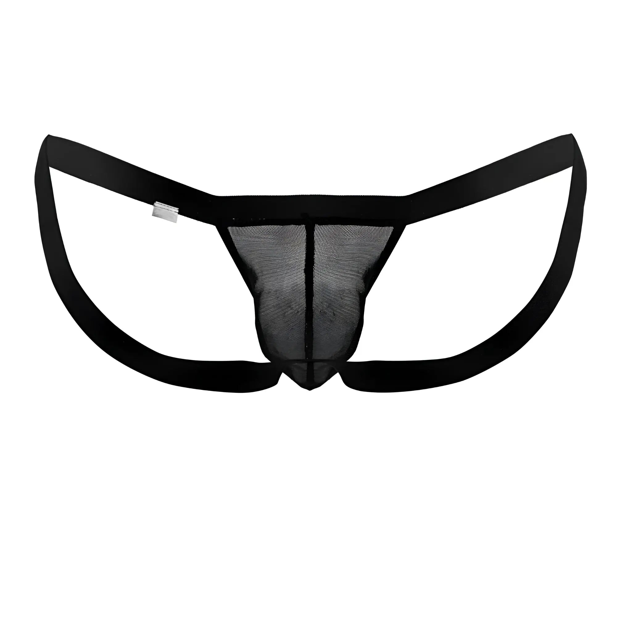 Black mesh thong with solid black waistband and leg openings from candyman 99841 collection front view