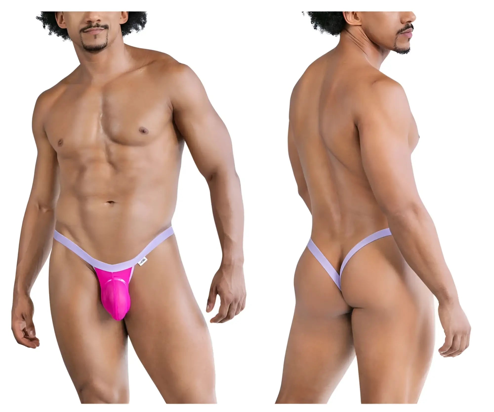 Bright pink and lavender CandyMan 99841 mesh thong with supportive contoured design front view