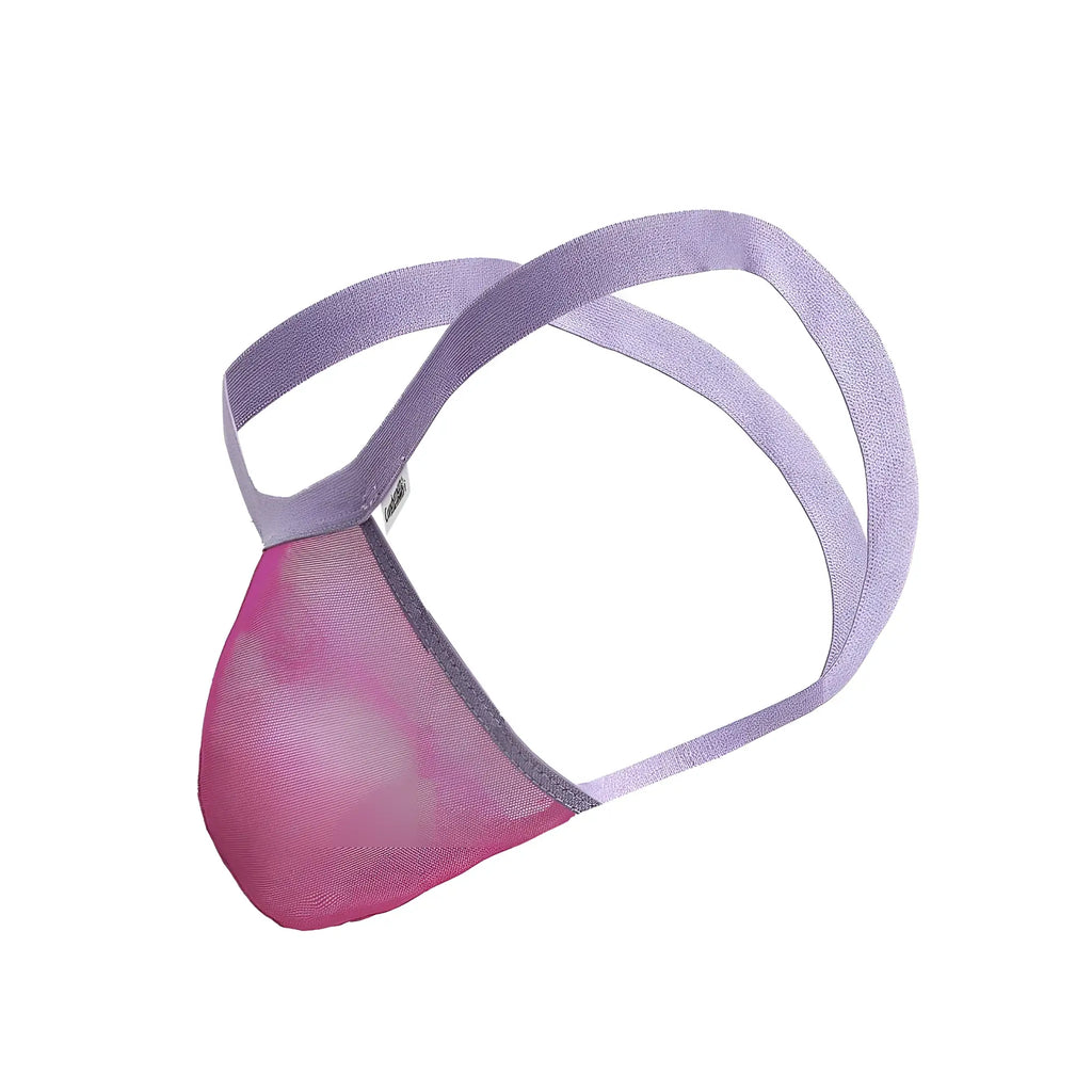 CandyMan 99841 mesh thong in lavender and pink with elastic straps made from breathable mesh material