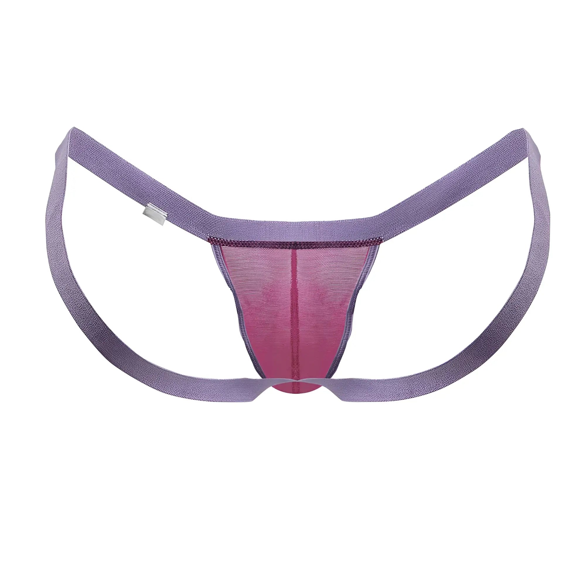 Candyman 99841 mesh thong in hot pink with purple and pink mesh and wide elastic straps visible from the back