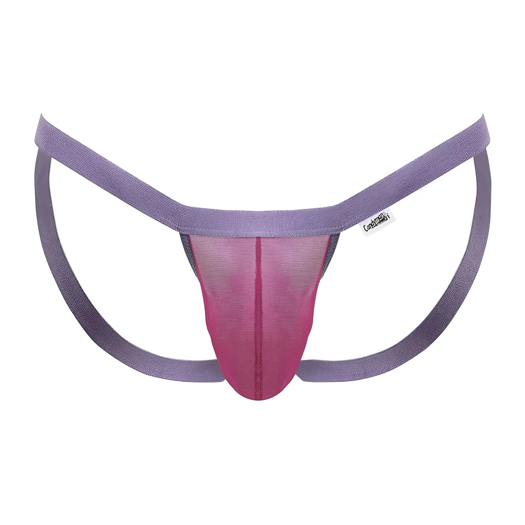 Purple and pink mesh thong with wide elastic straps from candyman 99841 in hot pink color visible from the back side