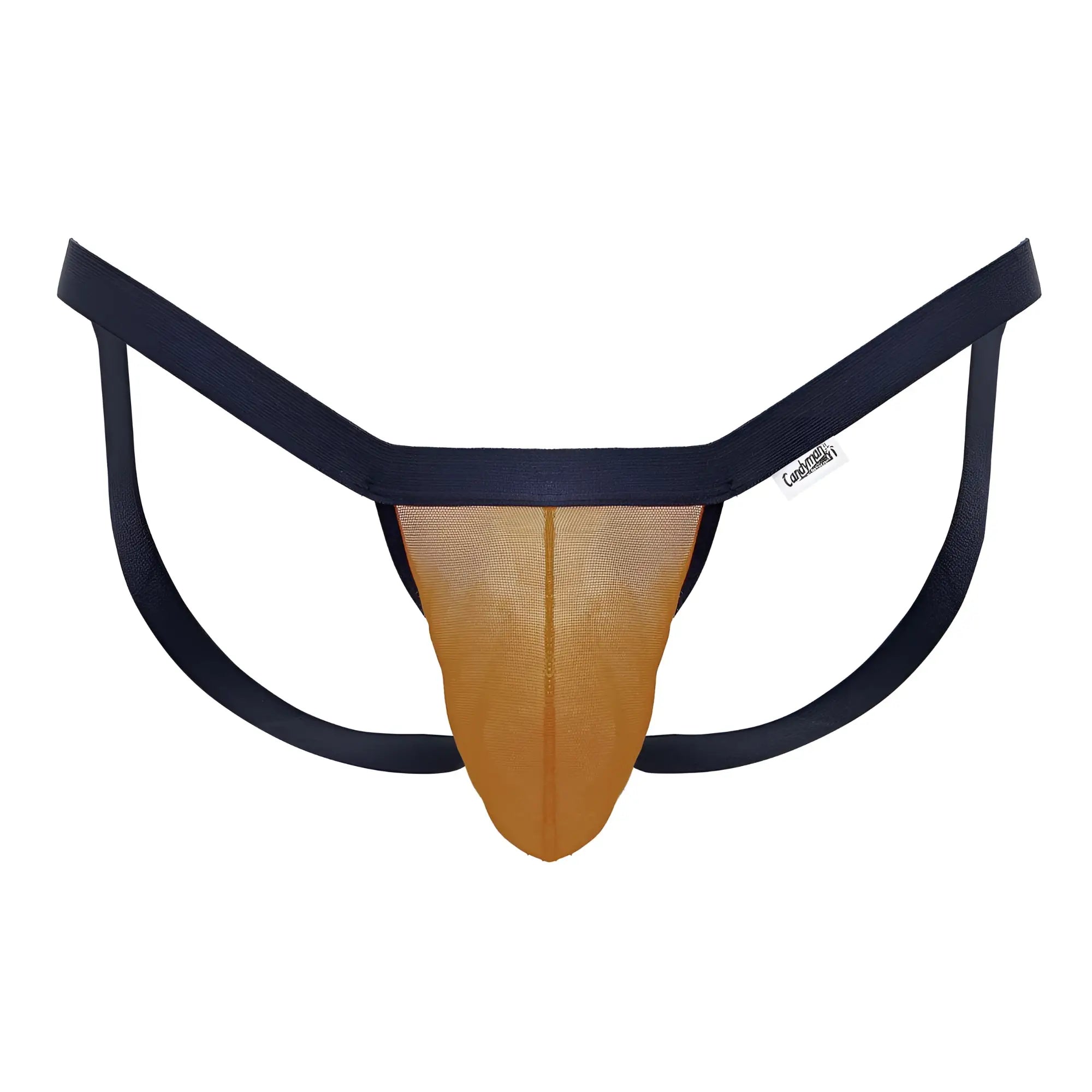 Navy blue and gold mesh thong with branded tag candyMan 99841 mesh thongs color orange shown from the back side