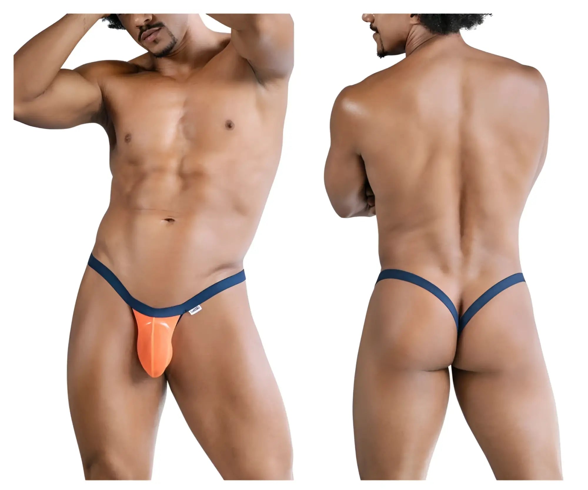 Orange and navy blue CandyMan 99841 mesh thong with supportive contoured design in breathable fabric