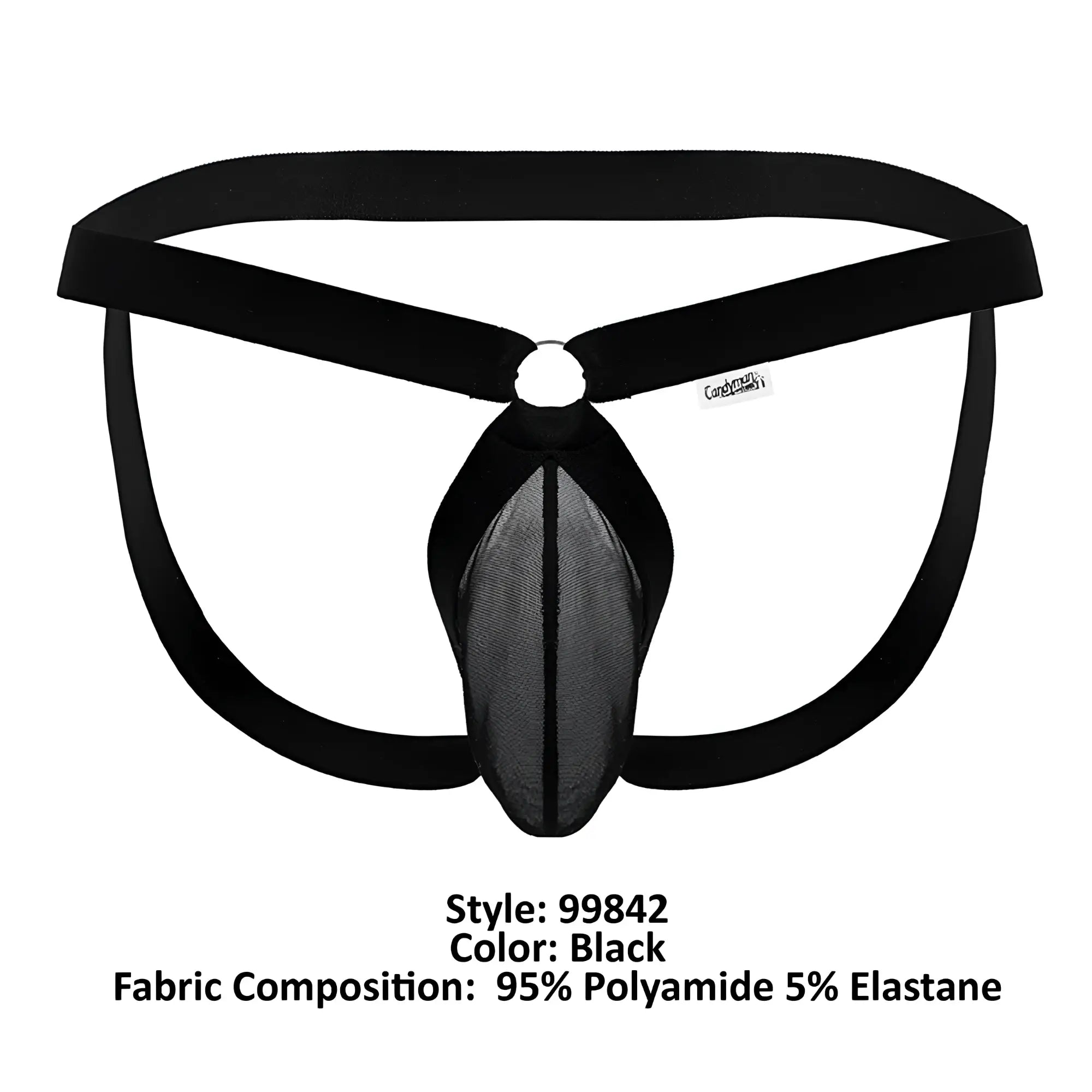 CandyMan 99842 mesh jockstrap for men in black with solid fabric waistband and central pouch visible from the front