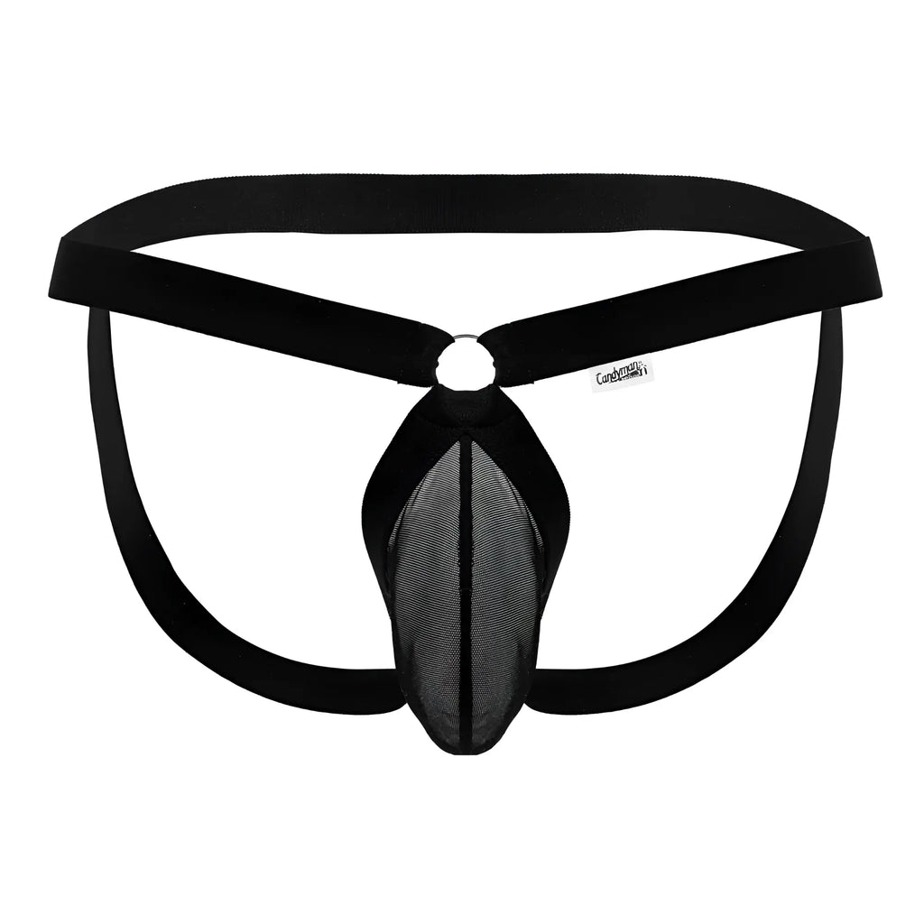 Black mesh thong by candyman with solid black elastic waistband and leg straps shown from the back side