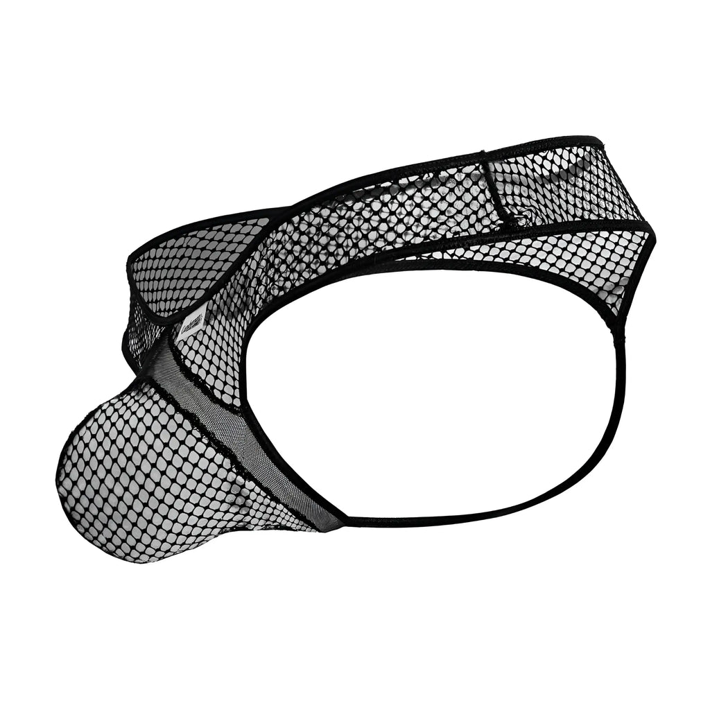 CandyMan 99843 fishnet thongs in black mesh with contoured design and reinforced elastic bands for men